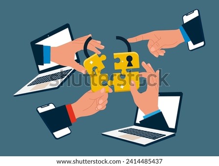 Internet connecting puzzle elements lock. Open to online investment opportunities. Flat vector illustration