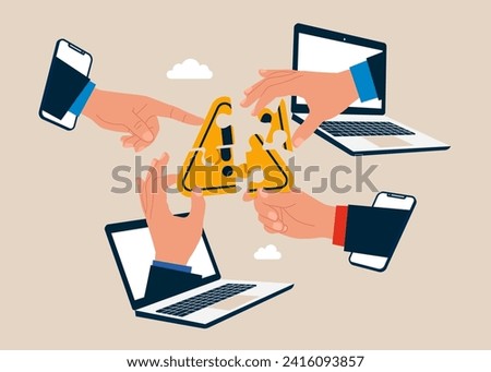 Connecting online puzzle elements with exclamation attention sign. Flat vector illustration