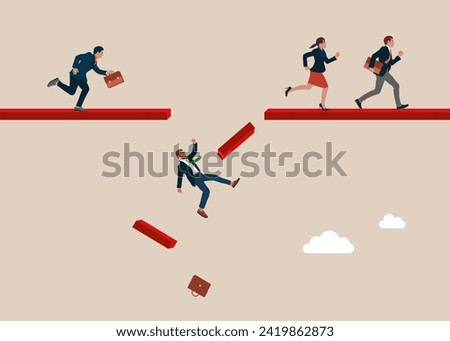 Broken bridge. Crisis in business.  Avoid pitfall, adversity and brave to jump pass mistake or business failure. Flat vector illustration