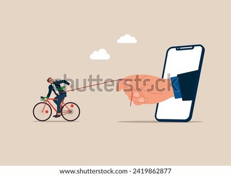 Phone addiction. Freedom from slavery. Man running away afraid of hand boss. Flat vector illustration