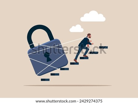 Businessman pulling heavy big lock up stair case. The data is securely protected. Flat modern vector illustration