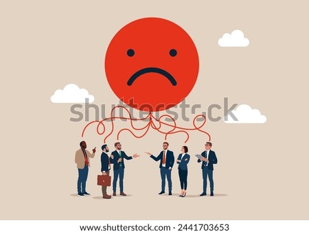 Business people are worth under sad face symbol think plan. Burnout from tiring work or demotivation from failure, stress. Flat vector illustration.