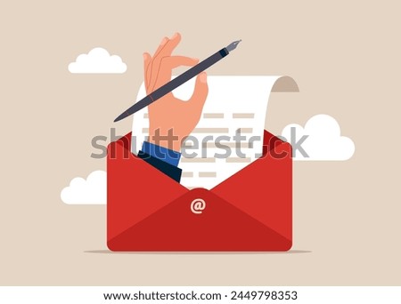 Businessman in opening email envelope holding fountain pen. Apply for new job. Modern vector illustration in flat style.