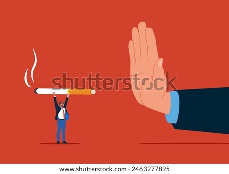 Showing her palm with refusing. Stop smoking. Health care. Man holding a cigarette. Quit smoking. Flat vector Illustration.