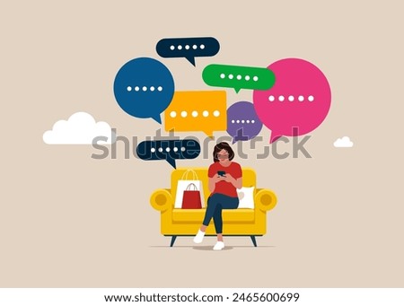 Girl with a smartphone and colors dialogue bubble. Texting message modern device. Girl sitting on the couch. Flat vector illustration