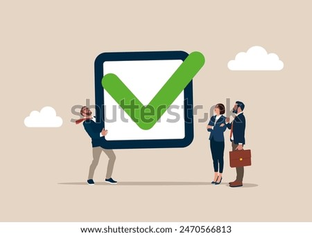 Businessman hold of achievement checkbox. Complete task, accomplishment or project done checklist,  achievement checkbox. Flat vector illustration