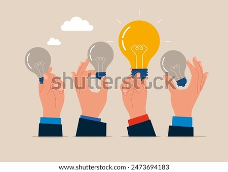 Hand with bright lightbulb. Inspiration, Brainstorming, Innovation, Business Creativity. Flat vector illustration.