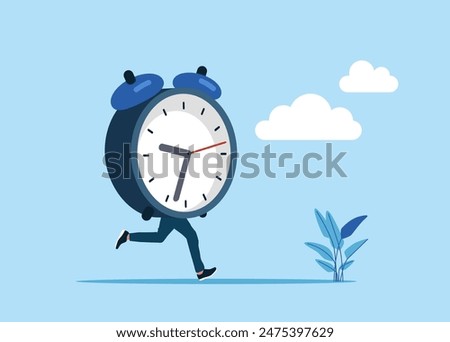 Funny funky guy clock instead of body. 24-7 support service,  working hours.  Flat vector illustration.