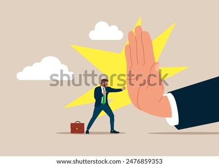 Leadership rivalry between two entrepreneur pushing. Fight to survive in business competition. Businessman protect from attack punch. Flat vector illustration.