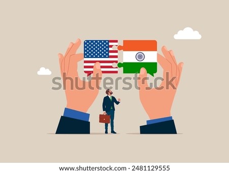 Bilateral political relations. Hands connect India and USA flags. Flat vector illustration.