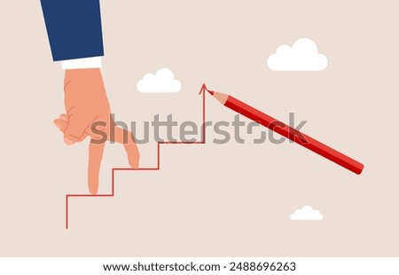 Pencil drawing stairs. Human hand walking up stairs to their goal. Move up motivation, the path to the target's achievement. Flat vector illustration.