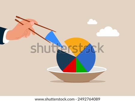 Gamma arm fingers hold chopsticks with diagram stats charts. Flat vector illustration