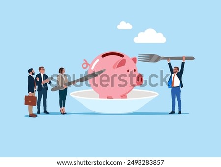 Spending savings, food expenses. Business people holding knife and fork above piggy bank on a plate. Pink piggy on the plate with fork and knife. Flat vector illustration