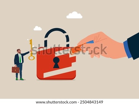 Businessman removed red lock with eraser. Flat vector illustration