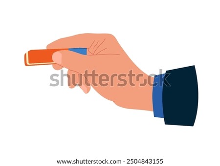 Hand holding eraser. Stationery tool. Office supplies and school equipment. Modern vector illustration in flat style  