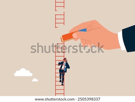 Businessman removed ladder with eraser. Business failure. Investor losing money or job position demote. Flat vector illustration