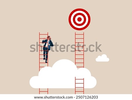 Strategic errors. Businessman climbing the wrong ladder to achieve the goal of success. 