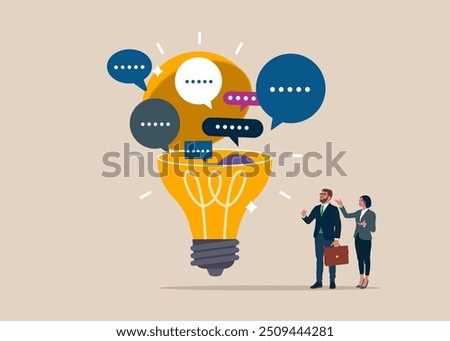 Discussion, conversation, meeting, team communication. Open lightbulb to see speech bubbles. Vector illustration.