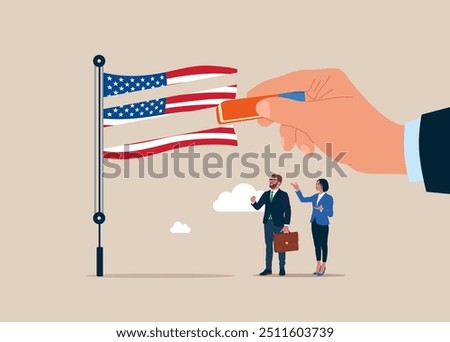 Businessman removed flag USA with eraser. United States economy collapse. Modern vector illustration in flat style. 