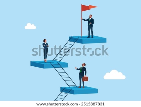 Business concept a ladder Corporate of success. Business people employee climb ladder to next level. Flat vector illustration