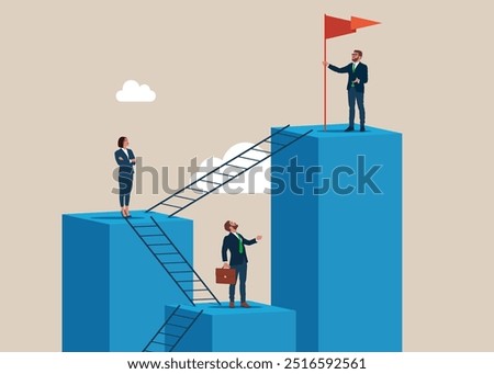 Corporate of success. Business people employee climb ladder to next level. Vector illustration