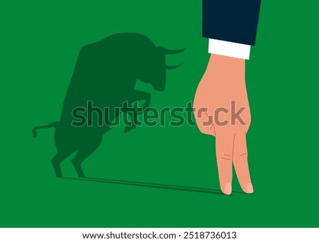 Confident arm standing bull shadow. Trade exchange, green bull. Global economy boom. Flat vector illustration