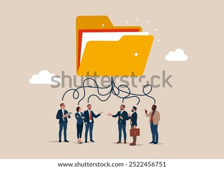 Business people think about organize folder, leadership skill or trust on work responsibility. Organize document files into archive folders. Flat vector illustration. 