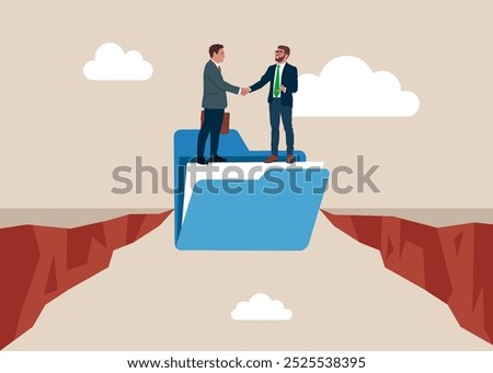 Vector of a files folder bridging the gap between a businesspeople. Modern vector illustration in flat style