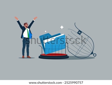 Online data freedom. Files folder is free from restrictions, sanctions and bans.  Flat vector illustration.