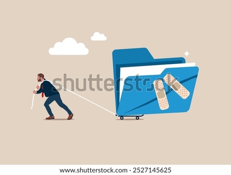 Crisis solution. Businessman walking with bandage repaired file folder. Move on, open for new online data, archives. Flat vector illustration