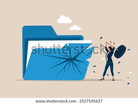 Female user sledgehammer and breaks files folder. Frustrated online data user. Documents into archive folder makes him crazy. dealing with error. Flat vector illustration