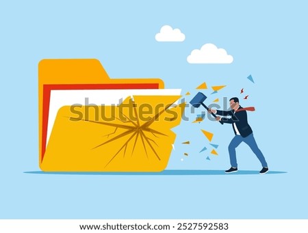 Businessman crack or breaking the folder with hammer to see documents outside. Frustrated online data user. Dealing with error. Flat vector illustration