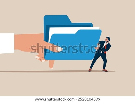 Big hand pulling file folder tug of war with small businessman. Fight for document, problem, pay off debt or bills. Modern vector illustration in flat style