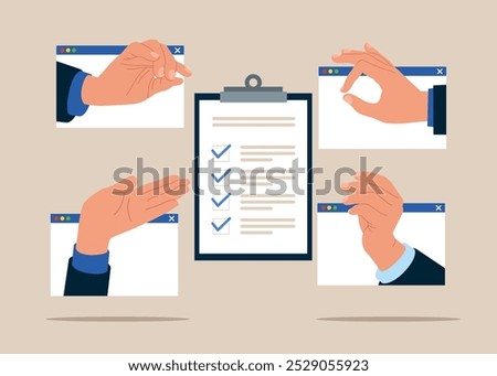 Work discussion. Vacancy. Business team fill check list on paper sheet clipboard. Survey form. Vector illustration