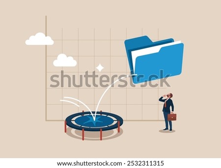 Folder bounce back on the trampoline rising. Backup up data transfer. Organize files folder. Modern vector illustration in flat style