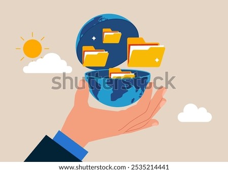 Hand open globe to see files folder. Arrange online data, paperwork concept, file management, organize document files into archive folders.