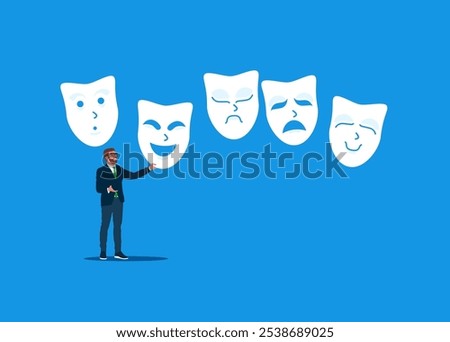 Businessman choosing the right mask to wear. Lies, fraud or defraud your business. Modern vector illustration in flat style