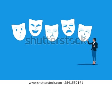 Woman choosing the right mask to wear. Dishonest businesswoman hides his face behind a fake mask that pretends to be lying. Modern vector illustration in flat style