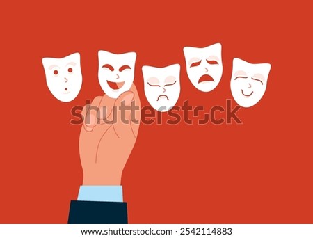 Hand choosing the right mask to wear. Lies, fraud or fake, business cheating or suspicion false. Modern vector illustration in flat style