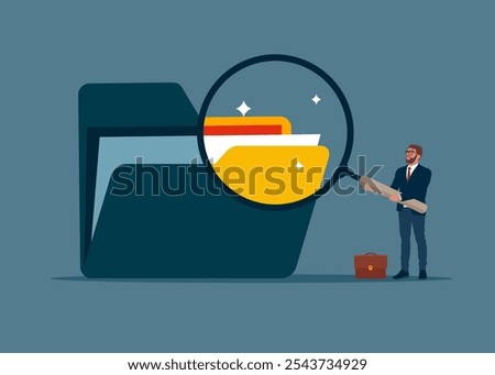 Businessman investor holding a magnifying glass analyzing folder. Backup up data transfer. Organize files folder. Modern vector illustration in flat style