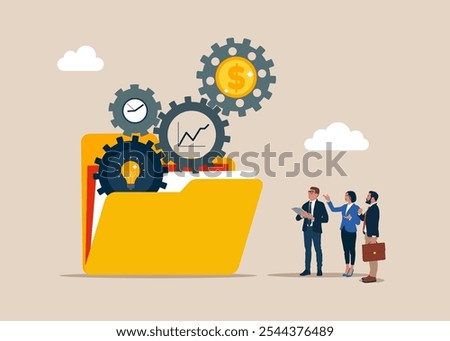 Backup up data transfer. Organize files folder. Optimize cost and expense for better profit strategy. Modern vector illustration in flat style