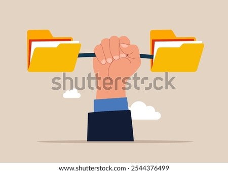 Hand lifting carrying folders. Backup up data transfer. Organize files folder. Modern vector illustration in flat style