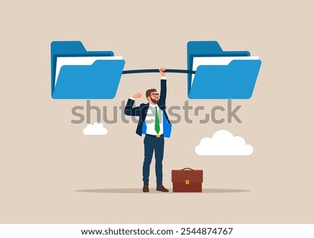 Businessman  lifting weights or carrying folders. Backup up data transfer. Organize files folder. Modern vector illustration in flat style