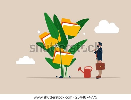 Businessman finish watering growing money plant seedling with coin folder. Backup up data transfer. Organize files folder. Modern vector illustration in flat style