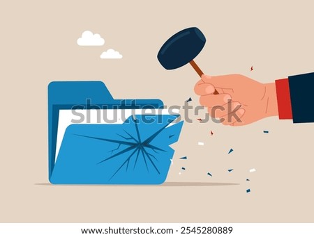 User sledgehammer breaks files folder. Frustrated online data user. Documents into archive folder makes him crazy. dealing with error. Flat vector illustration