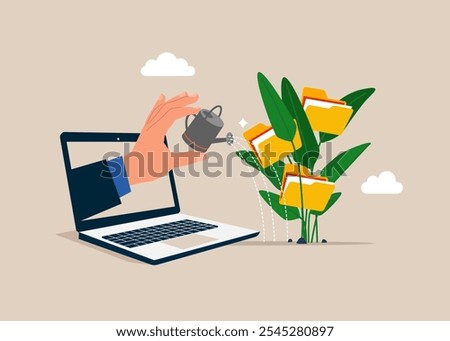 Investor through the laptop finish watering growing money plant seedling with folders. Backup up data transfer. Organize files folder. Modern vector illustration in flat style