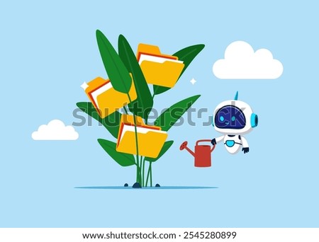 Robot finish watering growing money plant seedling with coin folder. Backup up data transfer. Organize files folder. Modern vector illustration in flat style