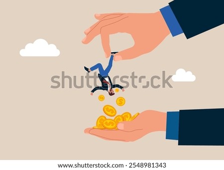 Big greed businessman is shaking small businessman to get all their money. Modern vector illustration in flat style