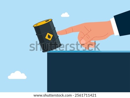 Politician hand pushes oil barrel off cliff into abyss. Modern flat vector illustration.