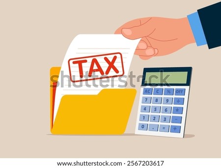 Folder with file tax and calculator. Financial impact or accounting app. Flat vector illustration